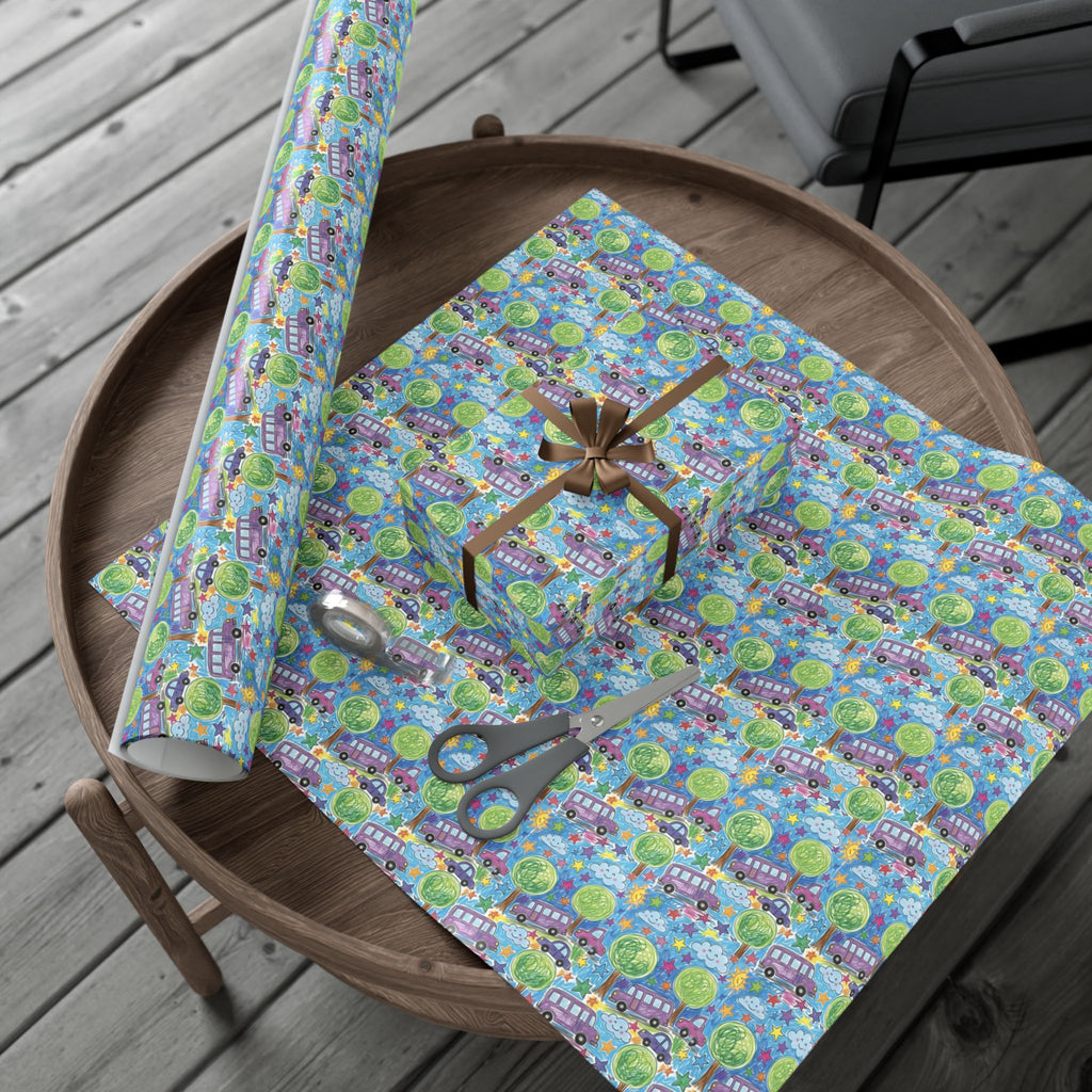 Whimsical Bus and Trees Pattern Gift Wrap Papers | Repeating Kids Wrapping Paper