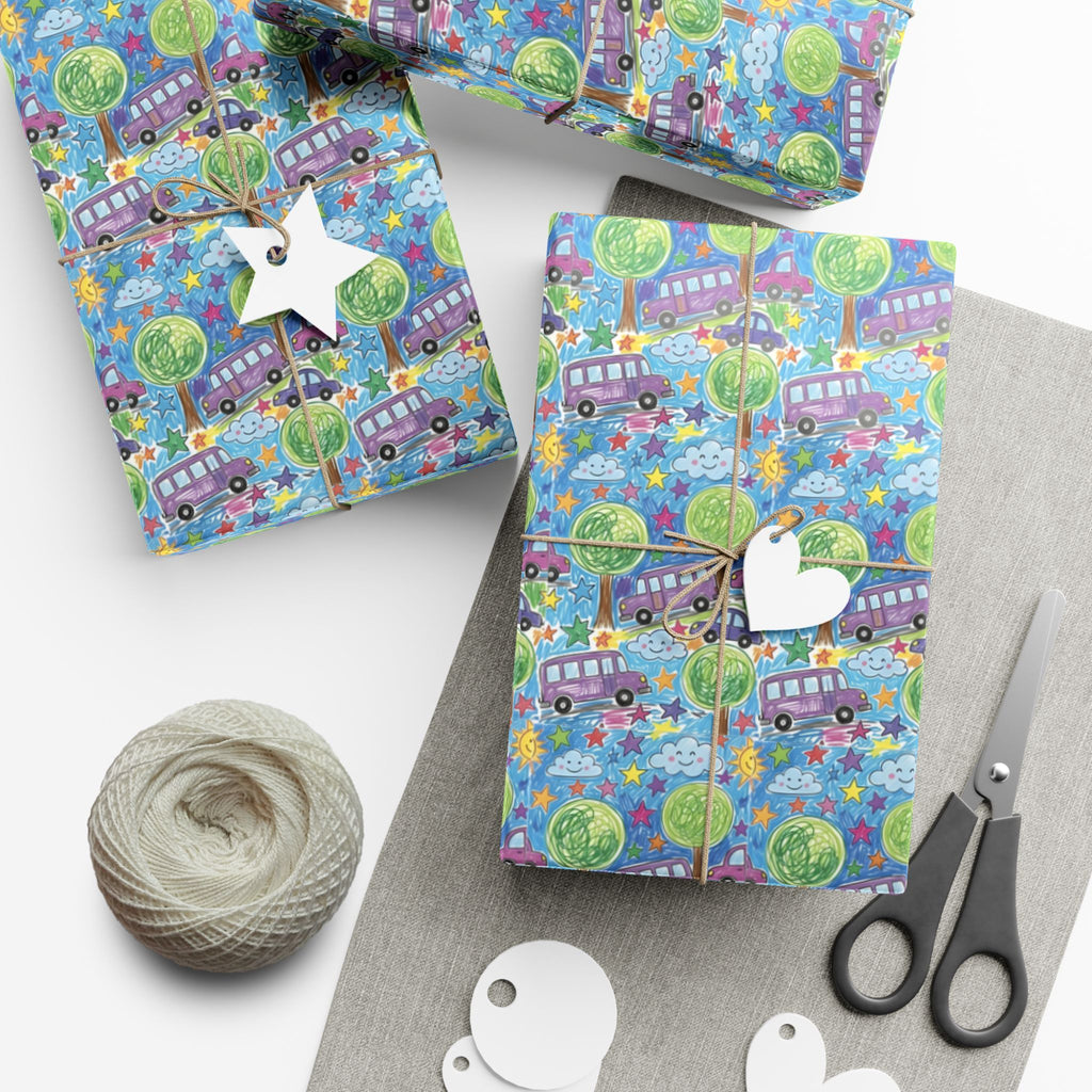 Whimsical Bus and Trees Pattern Gift Wrap Papers | Repeating Kids Wrapping Paper