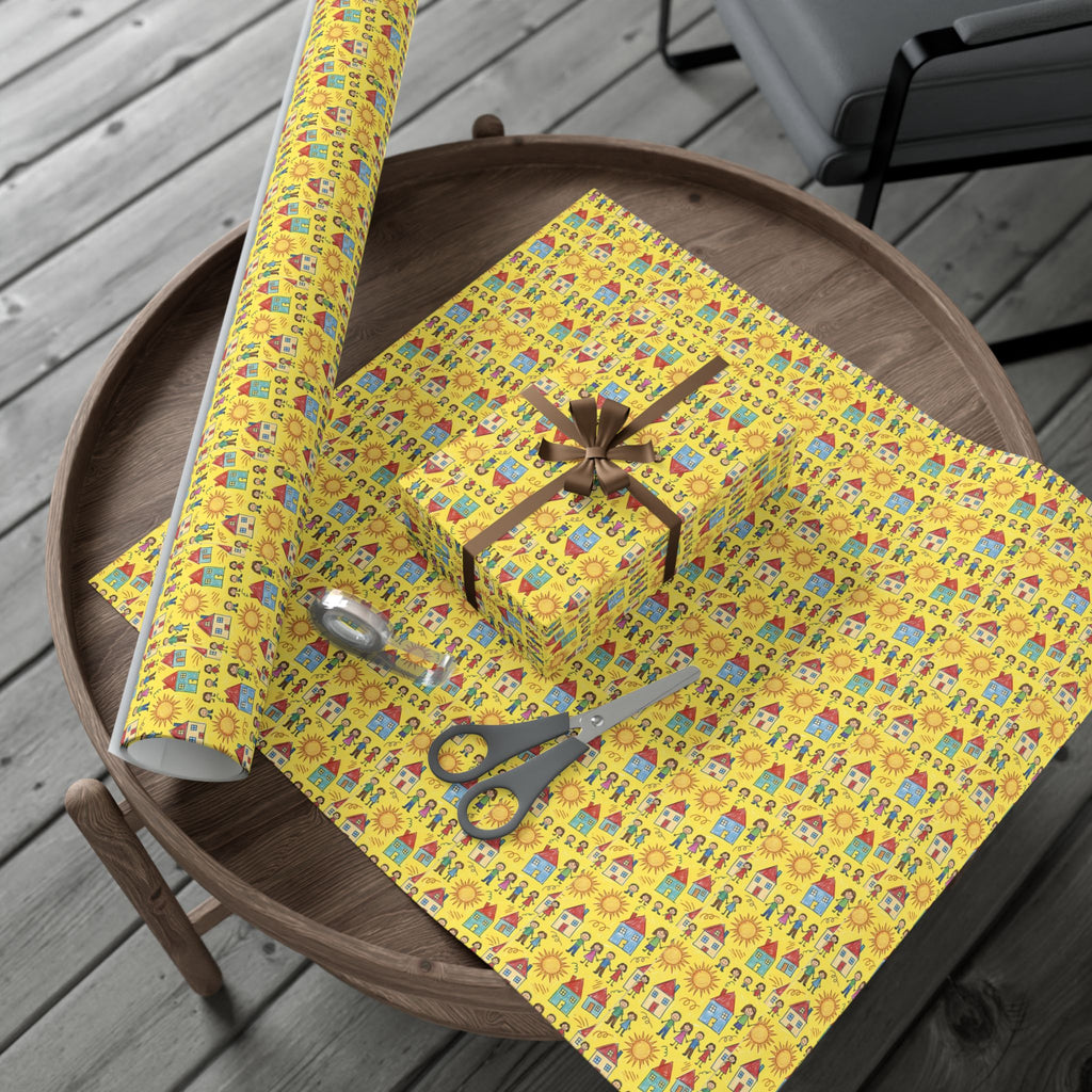 Sunflower Kids Art pattern Gift Wrap | Yellow House and People Wrapping Paper