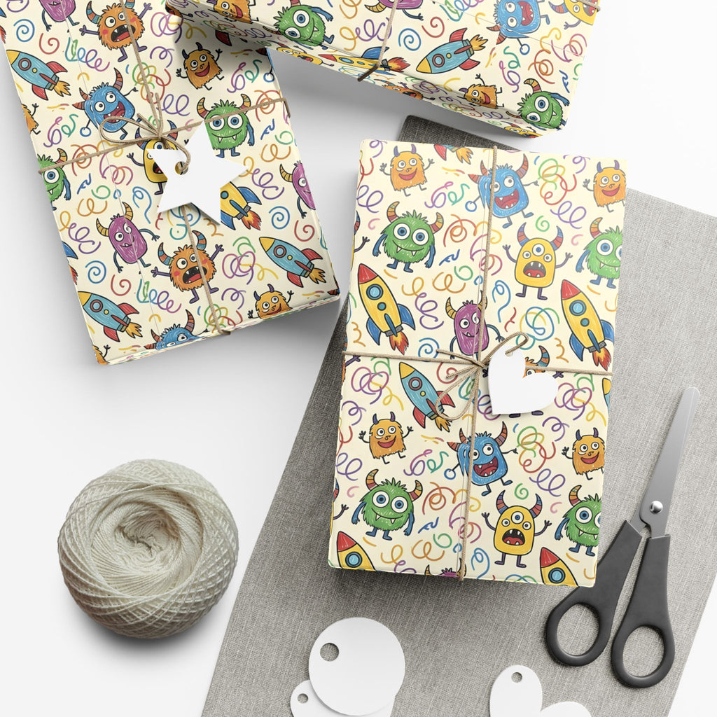 Cute Monster and Rocket Pattern Gift Wrap Paper | Kids Birthday Wrapping Paper