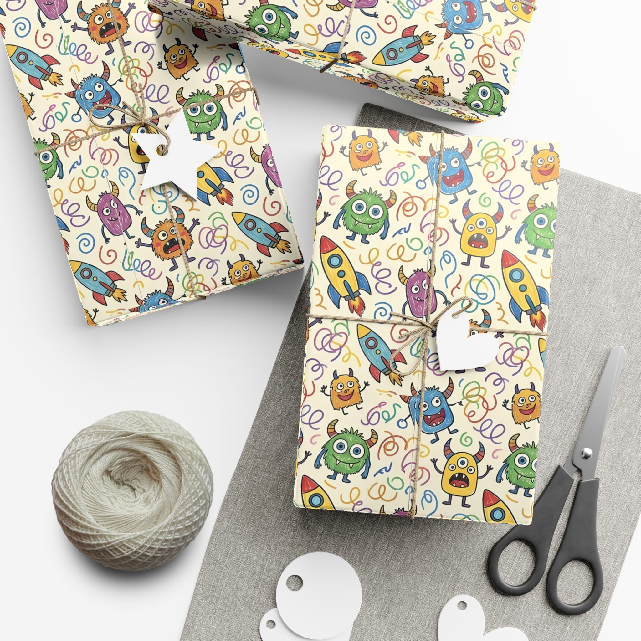 Cute Monster and Rocket Pattern Gift Wrap Paper | Kids Birthday Wrapping Paper