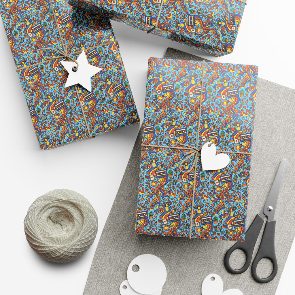 Abstract Vintage Cartoon Space Pattern Gift Wrap Papers | Blue Orange Floral Wrapping Paper