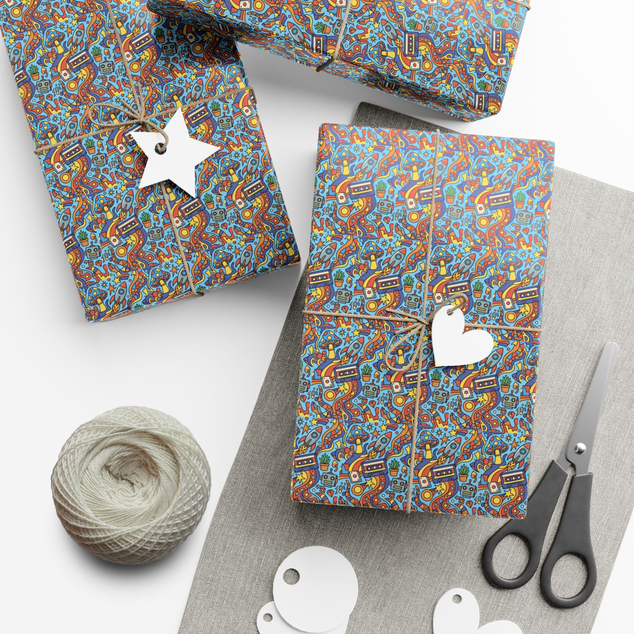 Abstract Vintage Cartoon Space Pattern Gift Wrap Papers | Blue Orange Floral Wrapping Paper