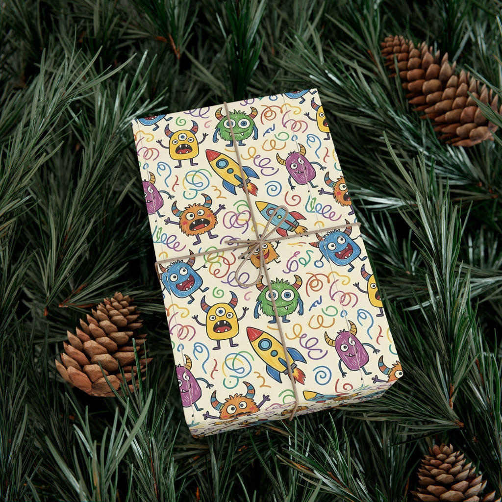 Cute Monster and Rocket Pattern Gift Wrap Paper | Kids Birthday Wrapping Paper