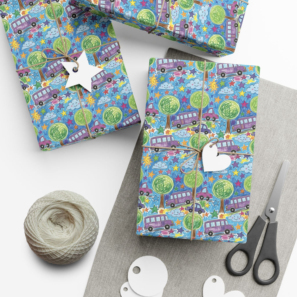 Whimsical Bus and Trees Pattern Gift Wrap Papers | Repeating Kids Wrapping Paper