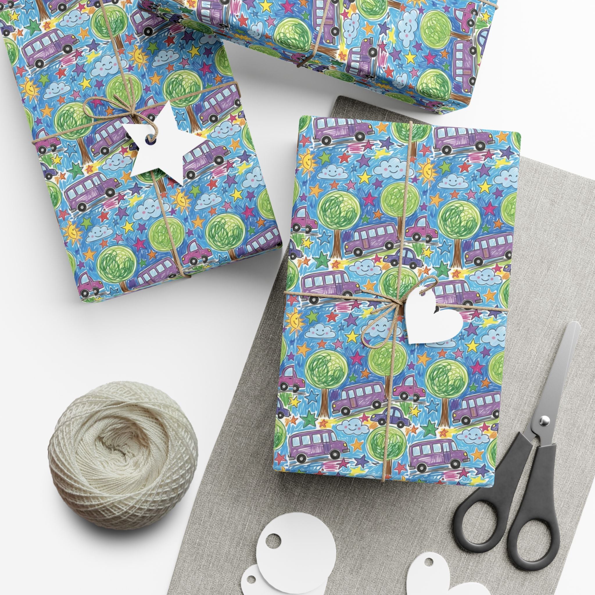 Whimsical Bus and Trees Pattern Gift Wrap Papers | Repeating Kids Wrapping Paper