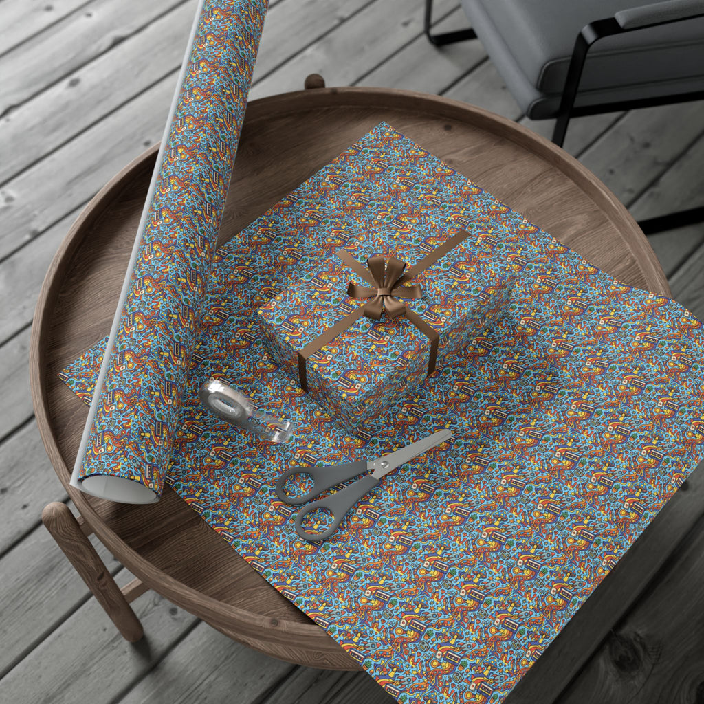 Abstract Vintage Cartoon Space Pattern Gift Wrap Papers | Blue Orange Floral Wrapping Paper