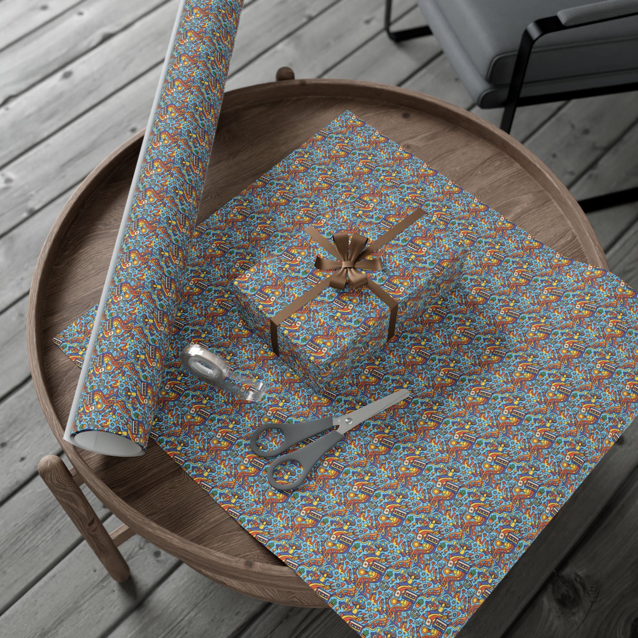 Abstract Vintage Cartoon Space Pattern Gift Wrap Papers | Blue Orange Floral Wrapping Paper