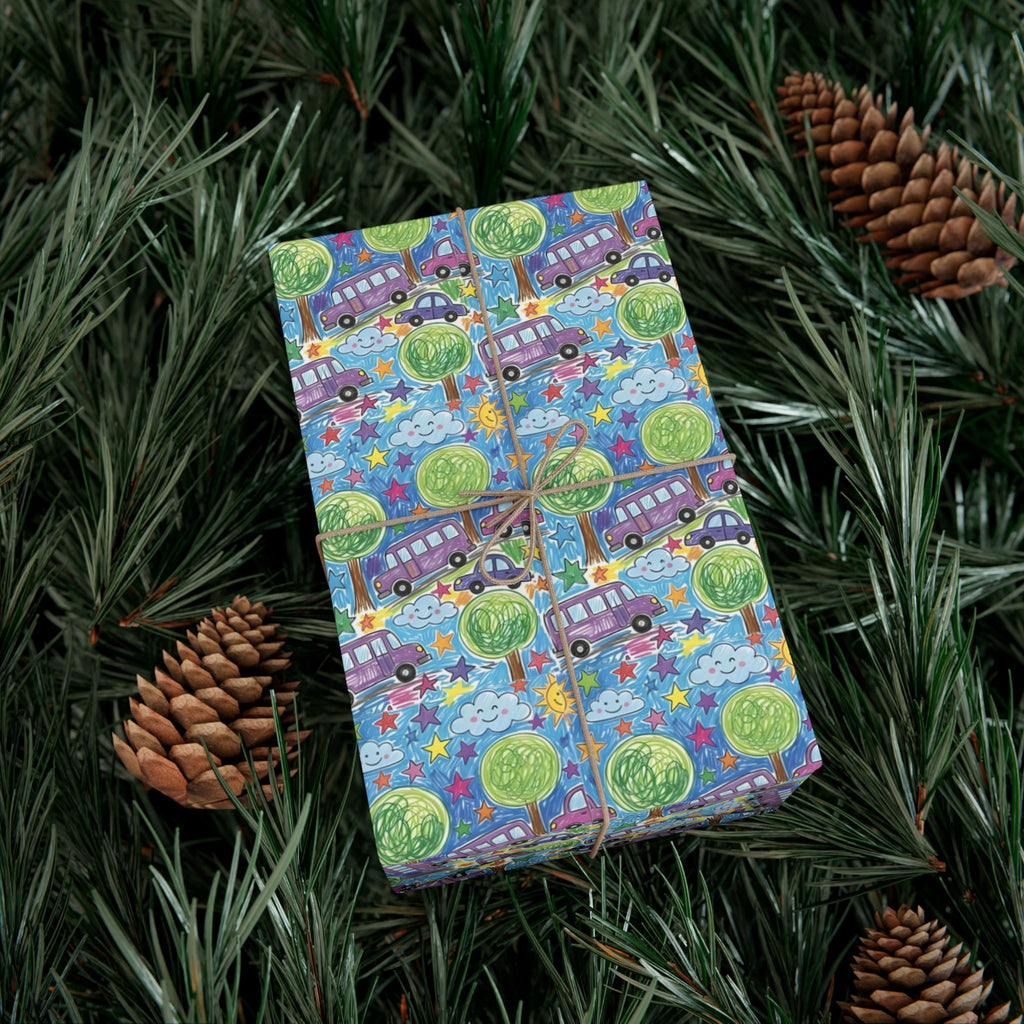 Whimsical Bus and Trees Pattern Gift Wrap Papers | Repeating Kids Wrapping Paper