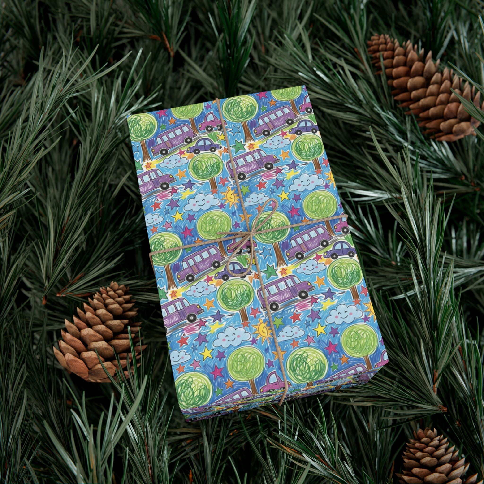 Whimsical Bus and Trees Pattern Gift Wrap Papers | Repeating Kids Wrapping Paper