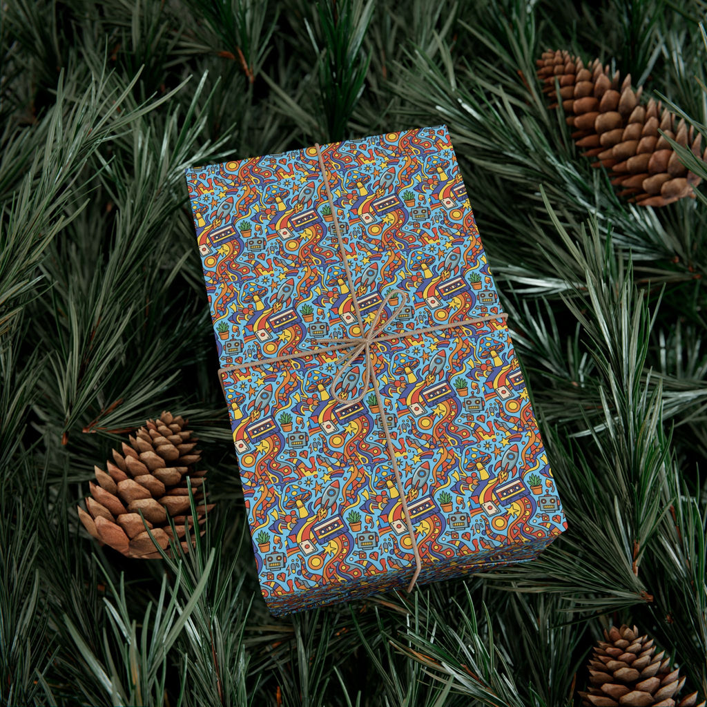 Abstract Vintage Cartoon Space Pattern Gift Wrap Papers | Blue Orange Floral Wrapping Paper