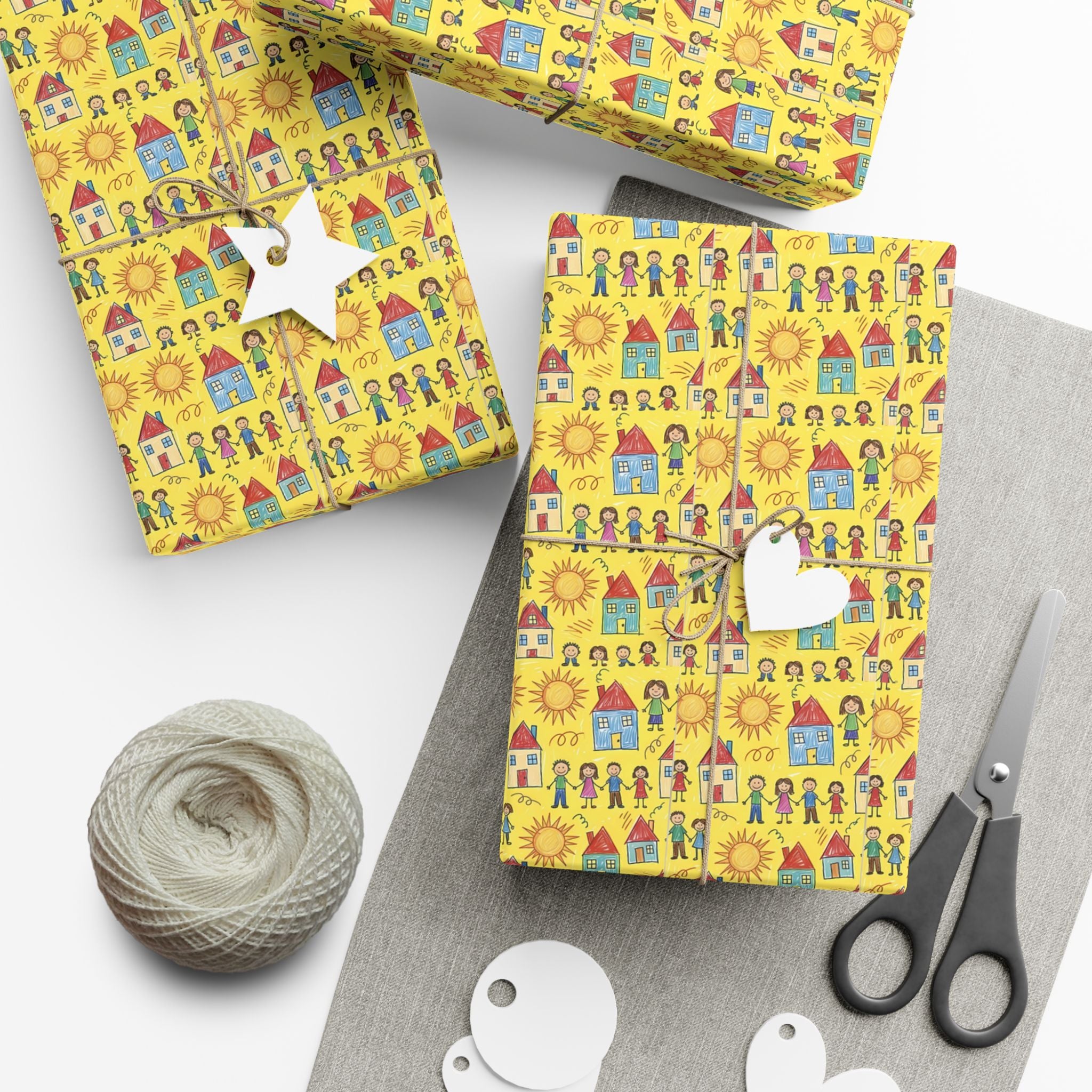 Sunflower Kids Art pattern Gift Wrap | Yellow House and People Wrapping Paper