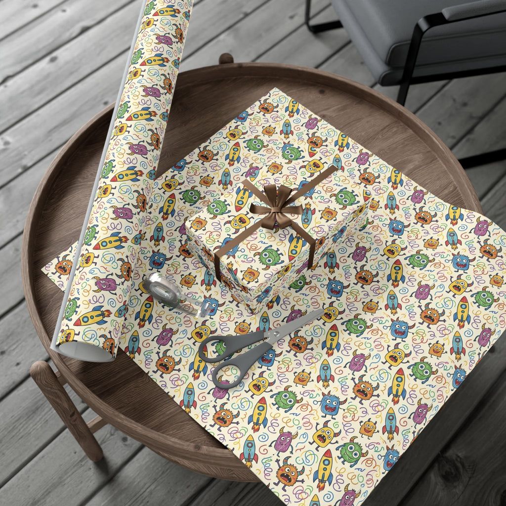 Cute Monster and Rocket Pattern Gift Wrap Paper | Kids Birthday Wrapping Paper