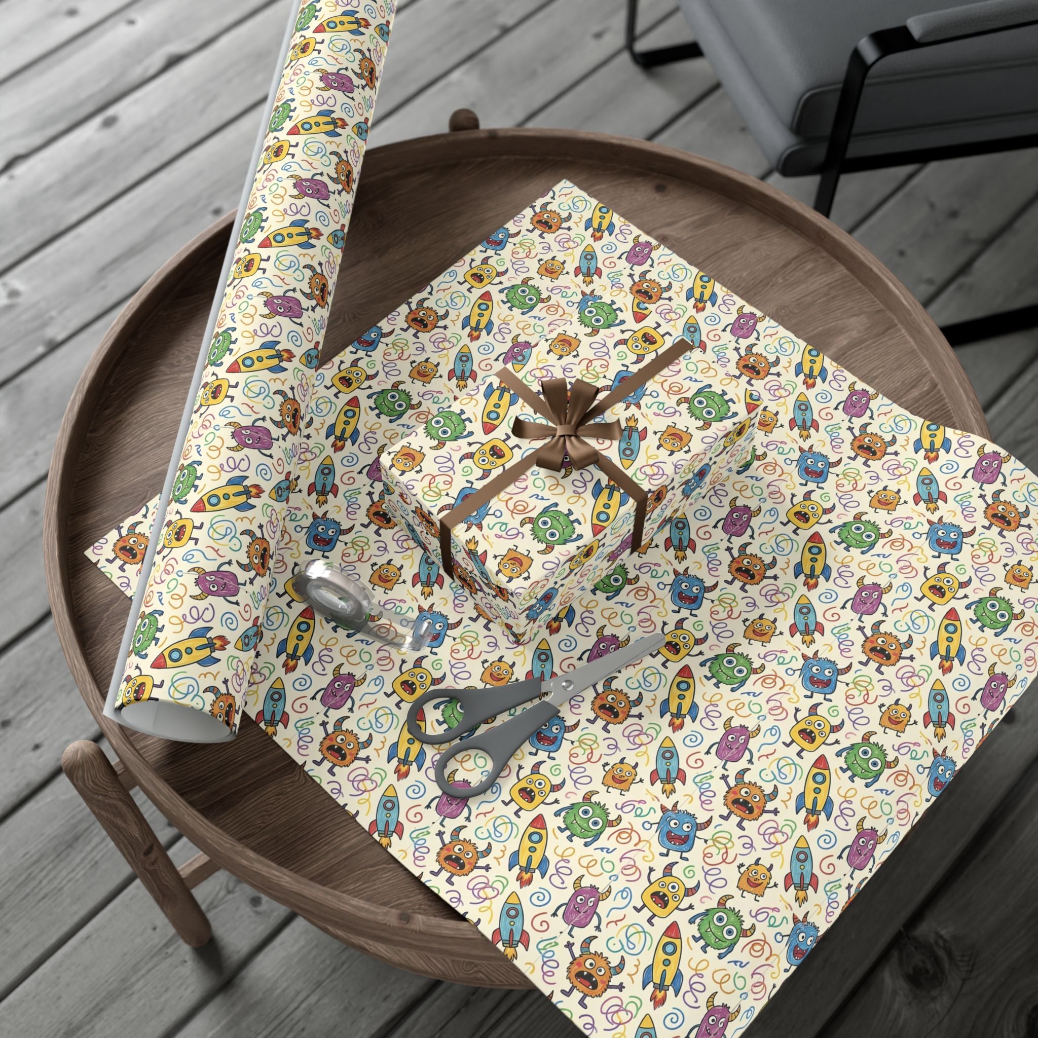 Cute Monster and Rocket Pattern Gift Wrap Paper | Kids Birthday Wrapping Paper