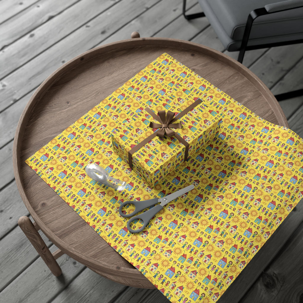 Sunflower Kids Art pattern Gift Wrap | Yellow House and People Wrapping Paper