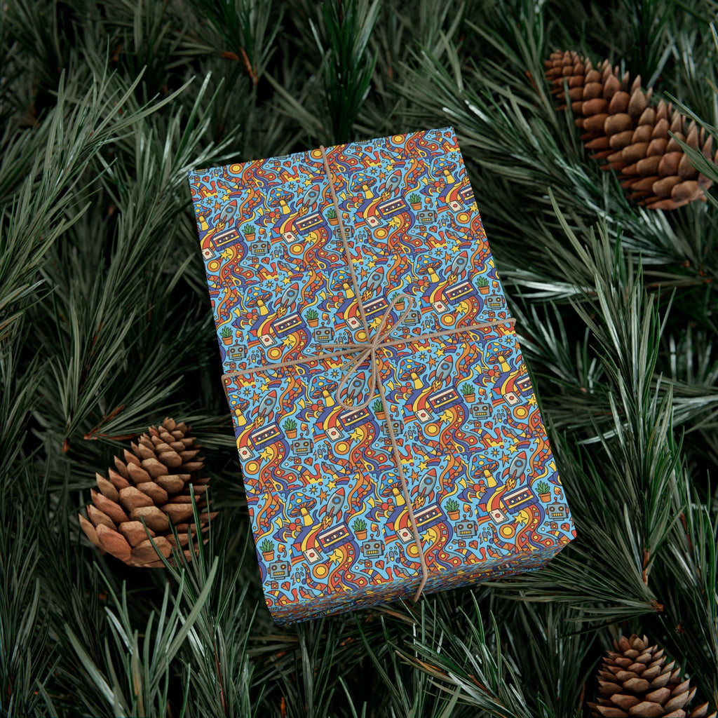 Abstract Vintage Cartoon Space Pattern Gift Wrap Papers | Blue Orange Floral Wrapping Paper
