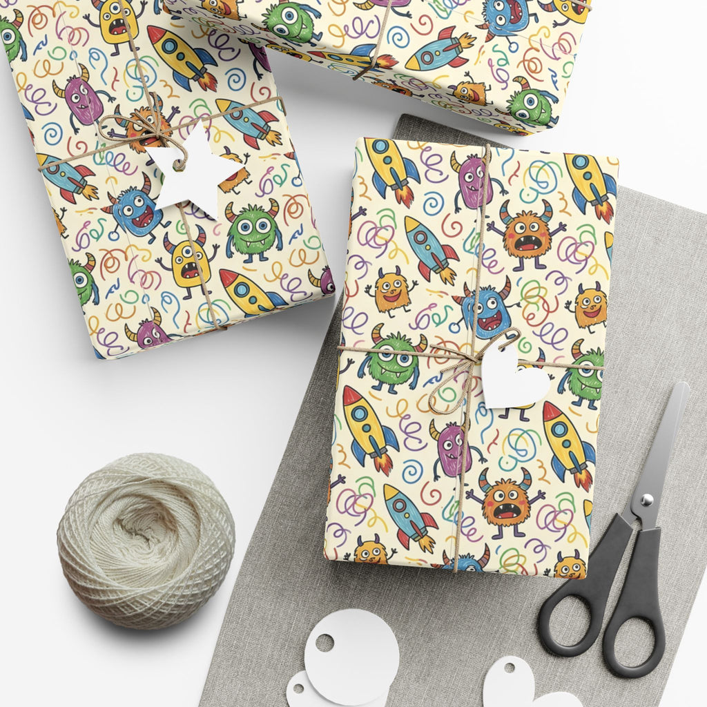 Cute Monster and Rocket Pattern Gift Wrap Paper | Kids Birthday Wrapping Paper