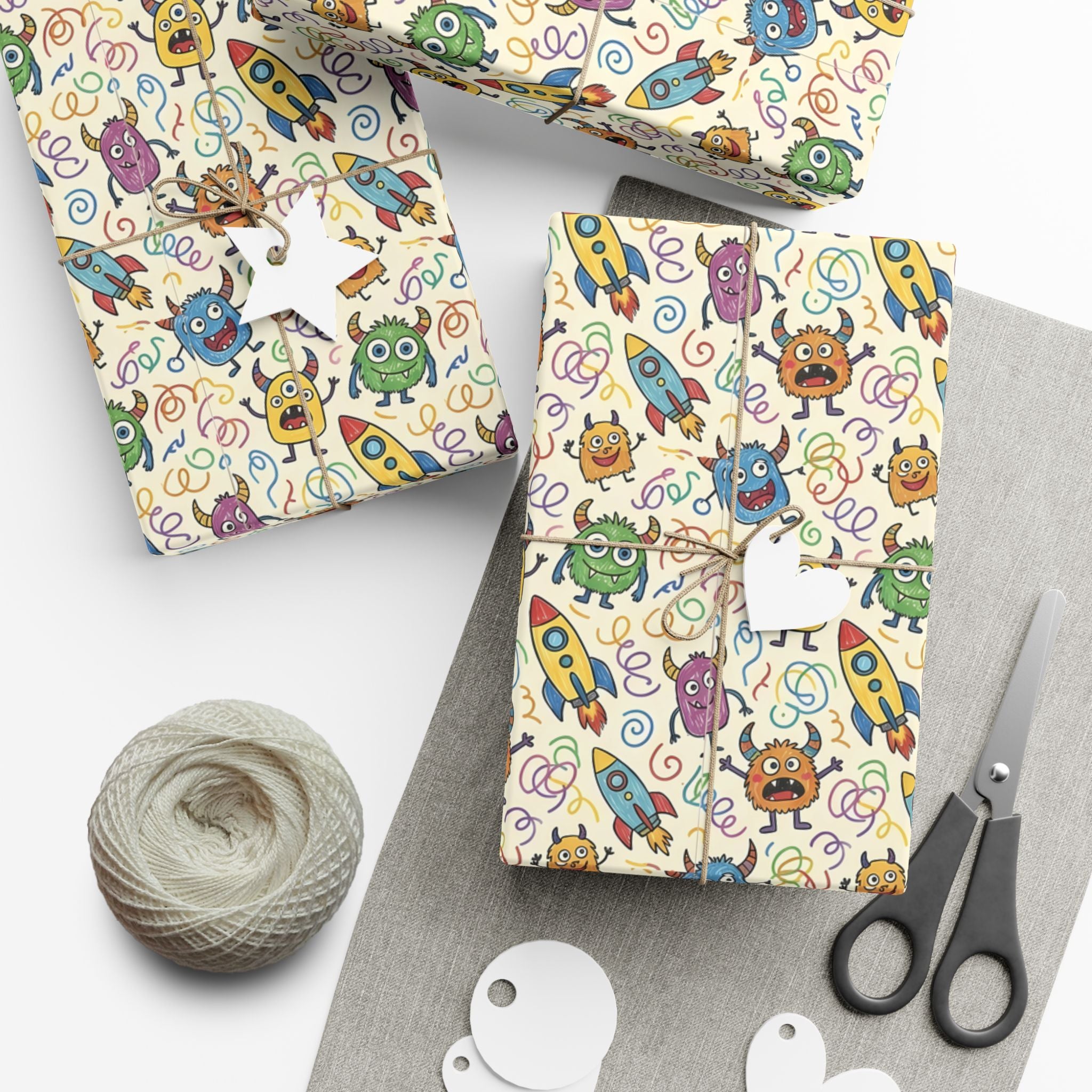 Cute Monster and Rocket Pattern Gift Wrap Paper | Kids Birthday Wrapping Paper