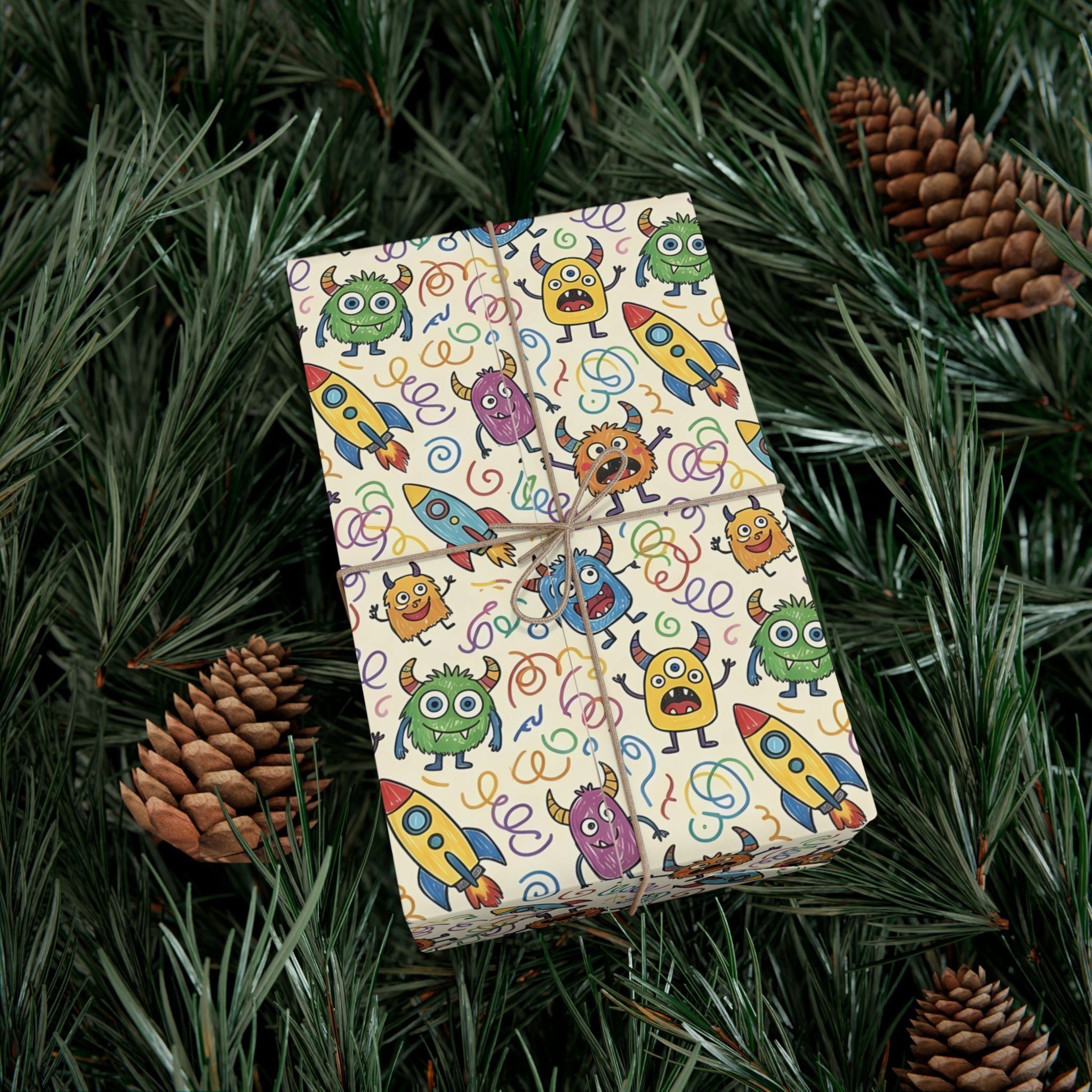 Cute Monster and Rocket Pattern Gift Wrap Paper | Kids Birthday Wrapping Paper