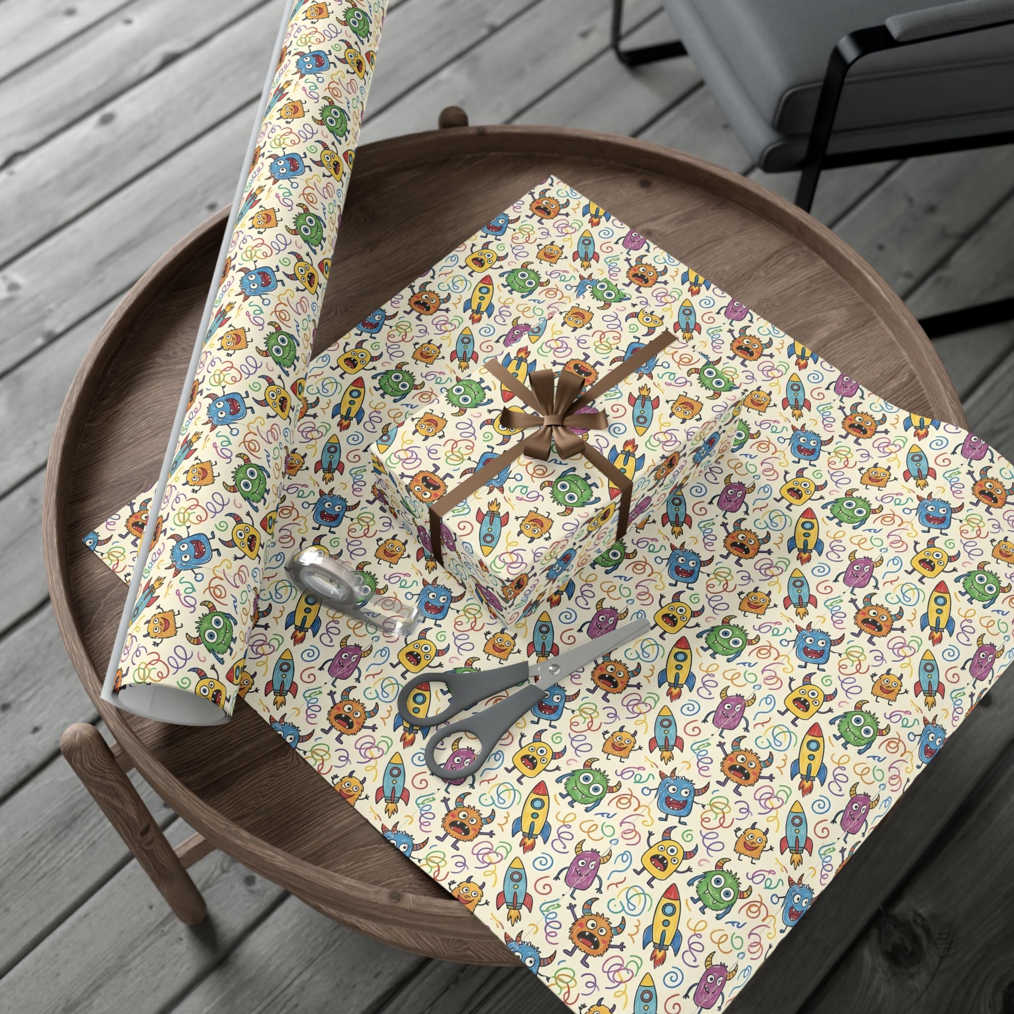 Cute Monster and Rocket Pattern Gift Wrap Paper | Kids Birthday Wrapping Paper