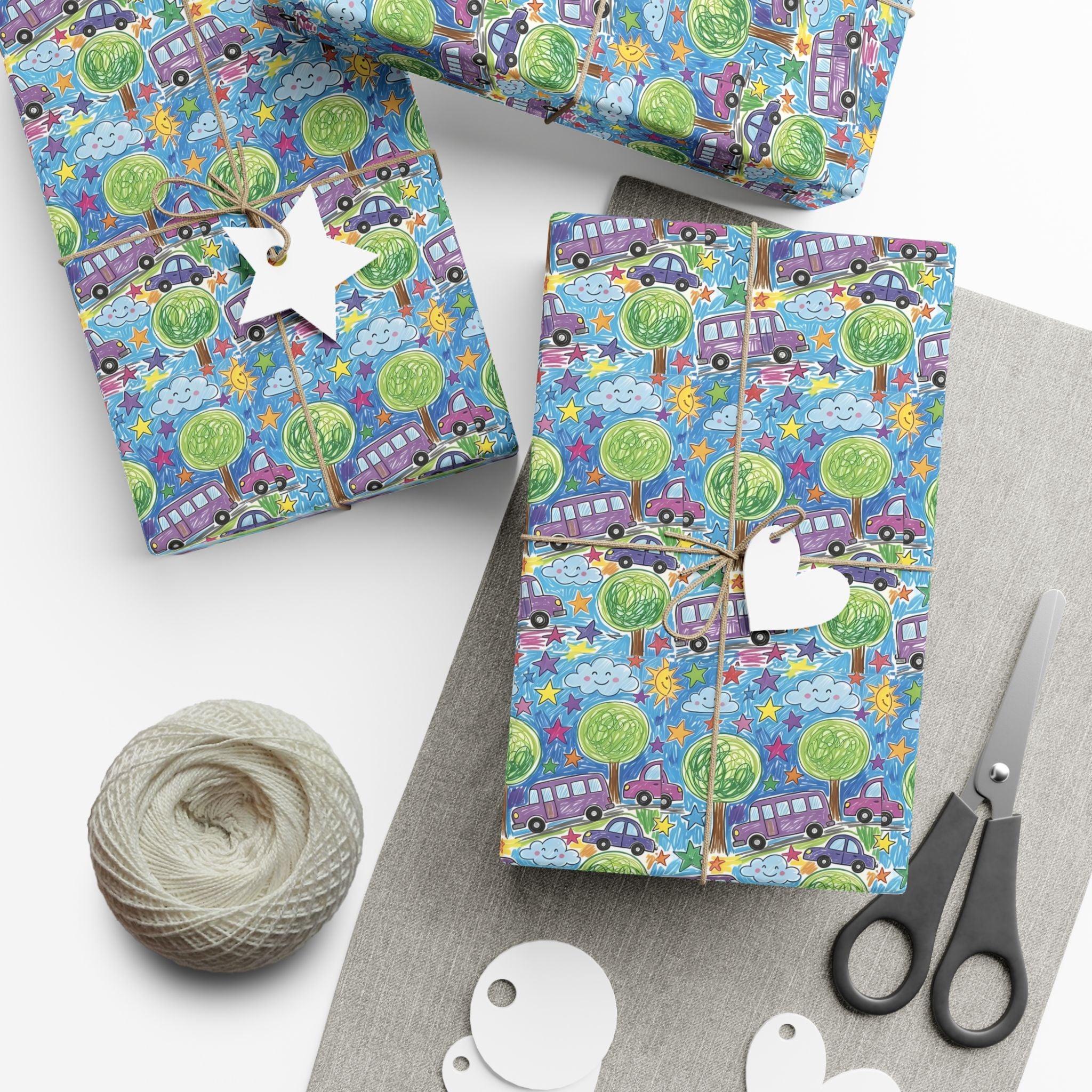 Whimsical Bus and Trees Pattern Gift Wrap Papers | Repeating Kids Wrapping Paper