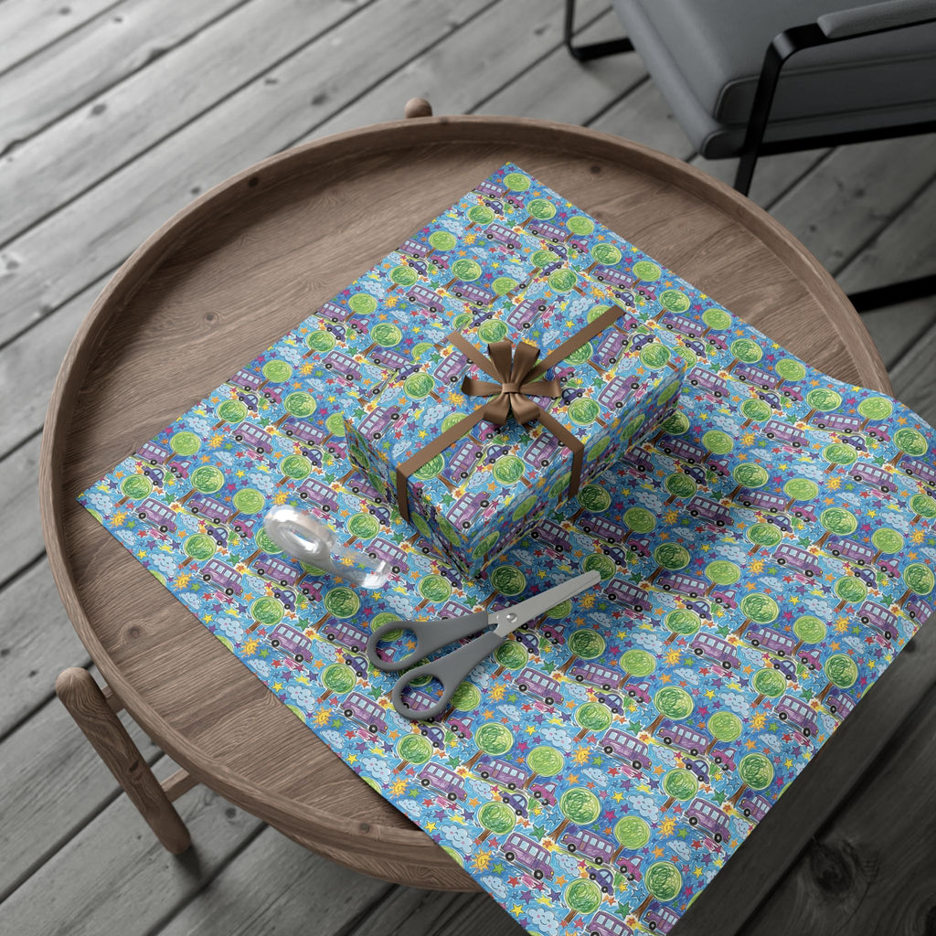 Whimsical Bus and Trees Pattern Gift Wrap Papers | Repeating Kids Wrapping Paper