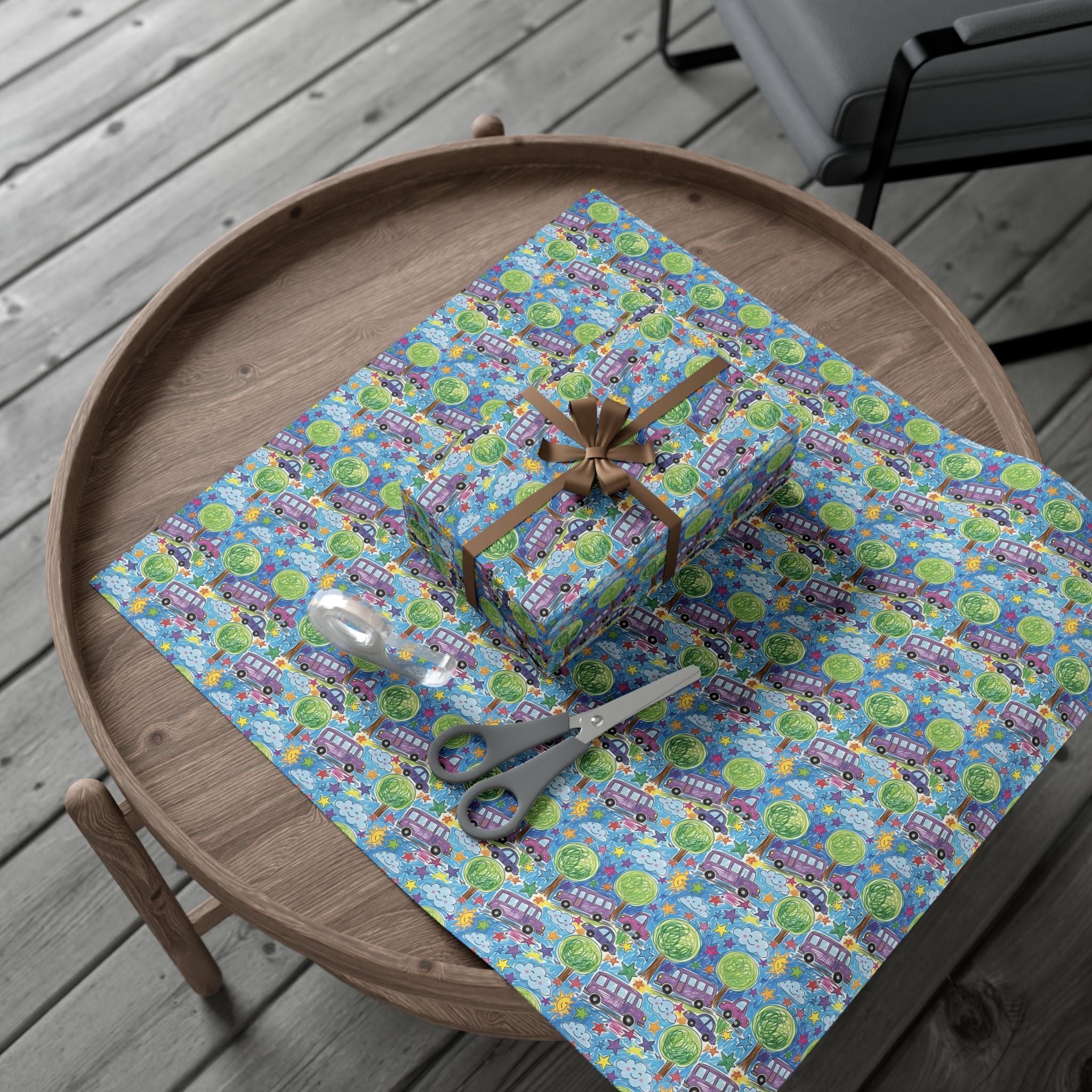 Whimsical Bus and Trees Pattern Gift Wrap Papers | Repeating Kids Wrapping Paper
