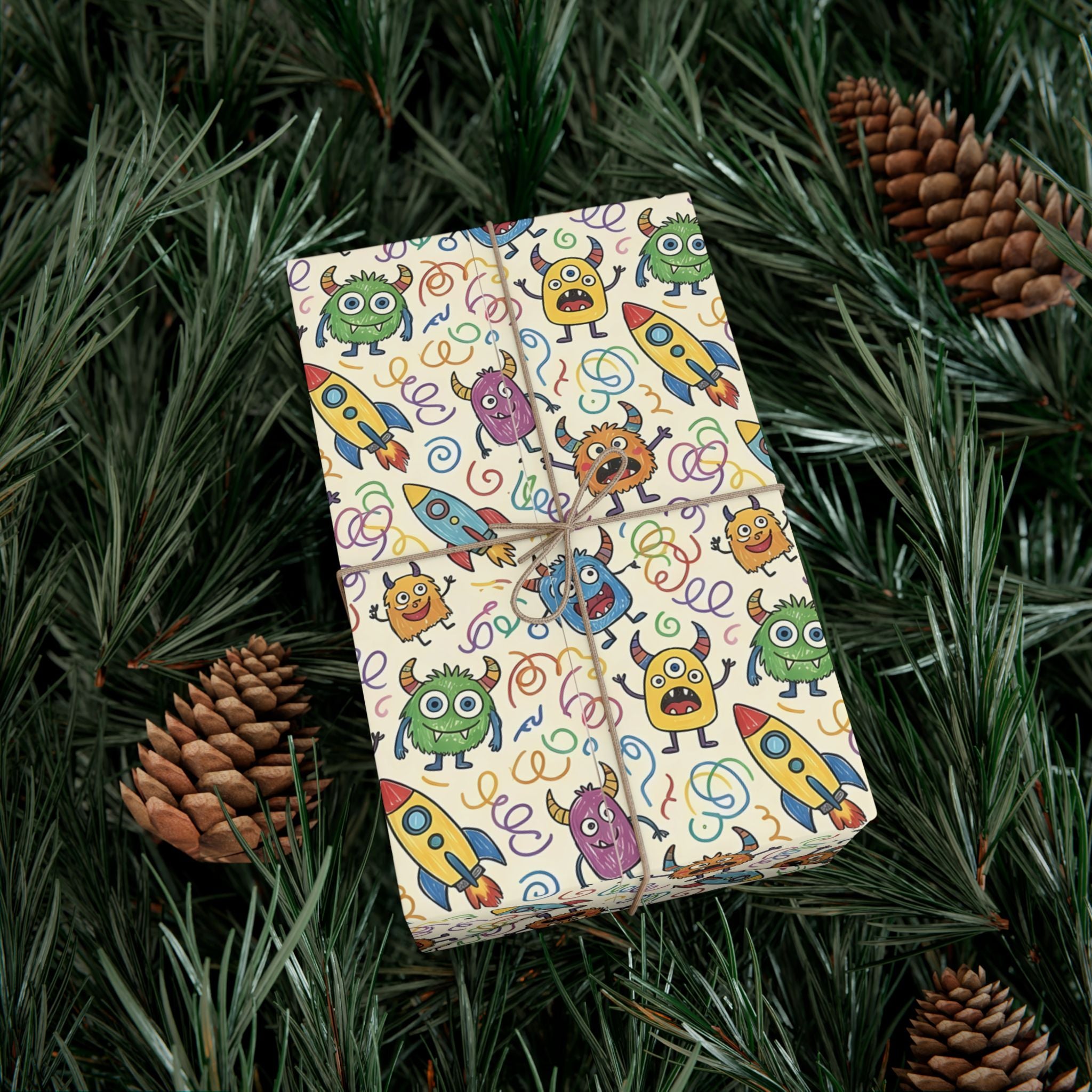 Cute Monster and Rocket Pattern Gift Wrap Paper | Kids Birthday Wrapping Paper