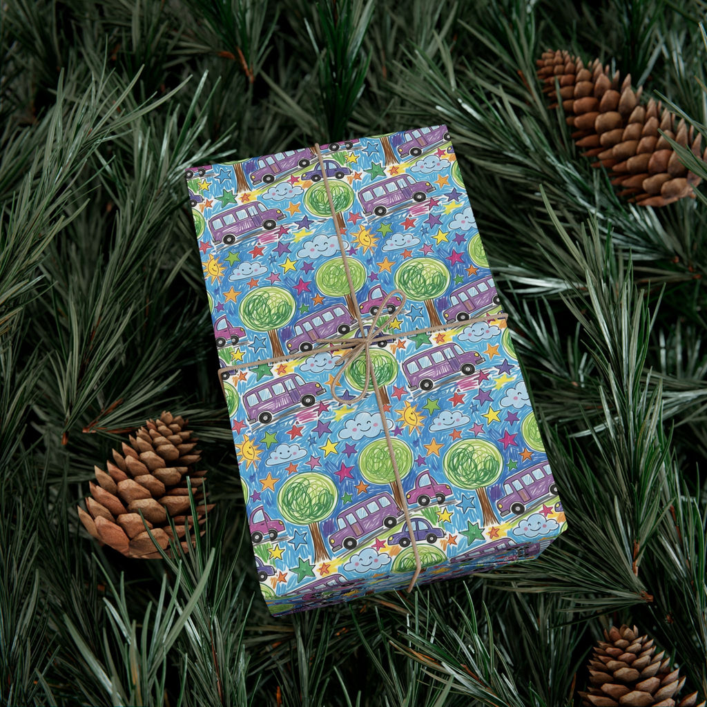 Whimsical Bus and Trees Pattern Gift Wrap Papers | Repeating Kids Wrapping Paper