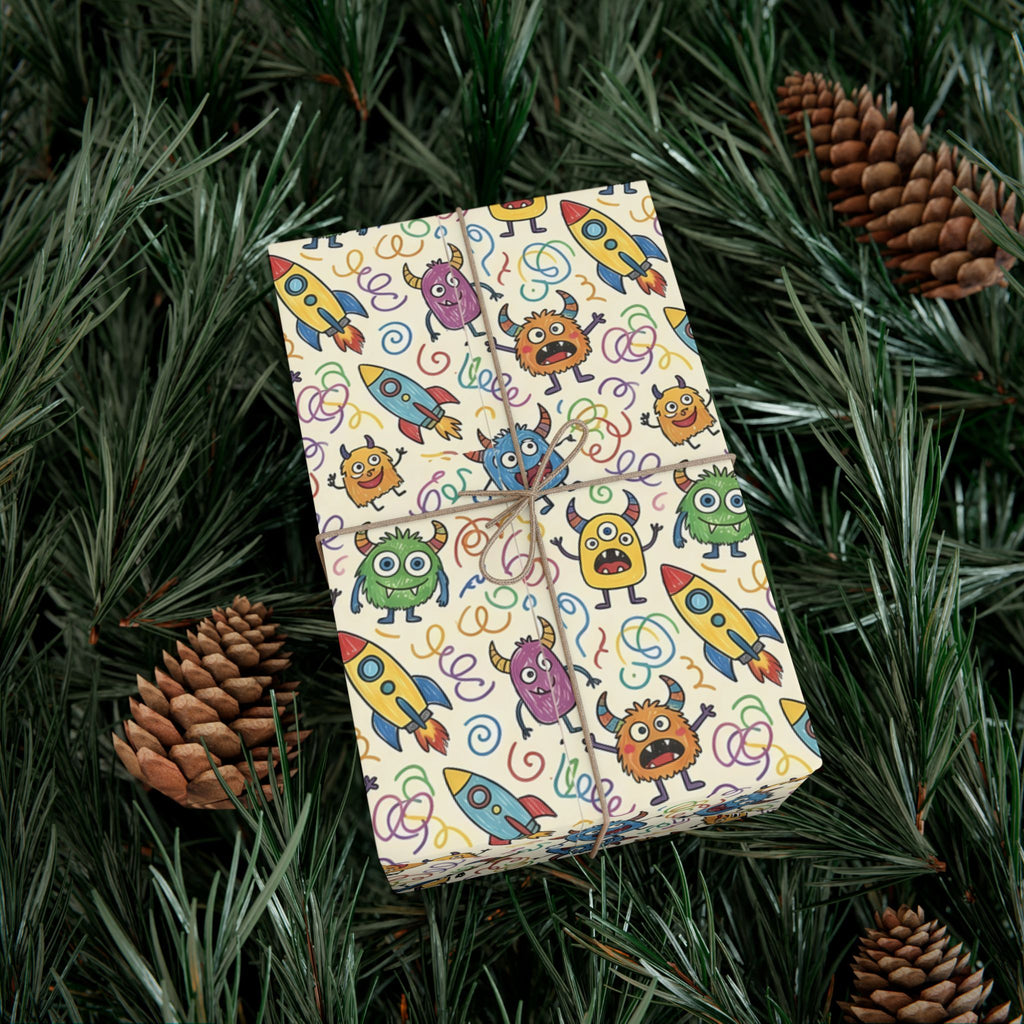 Cute Monster and Rocket Pattern Gift Wrap Paper | Kids Birthday Wrapping Paper