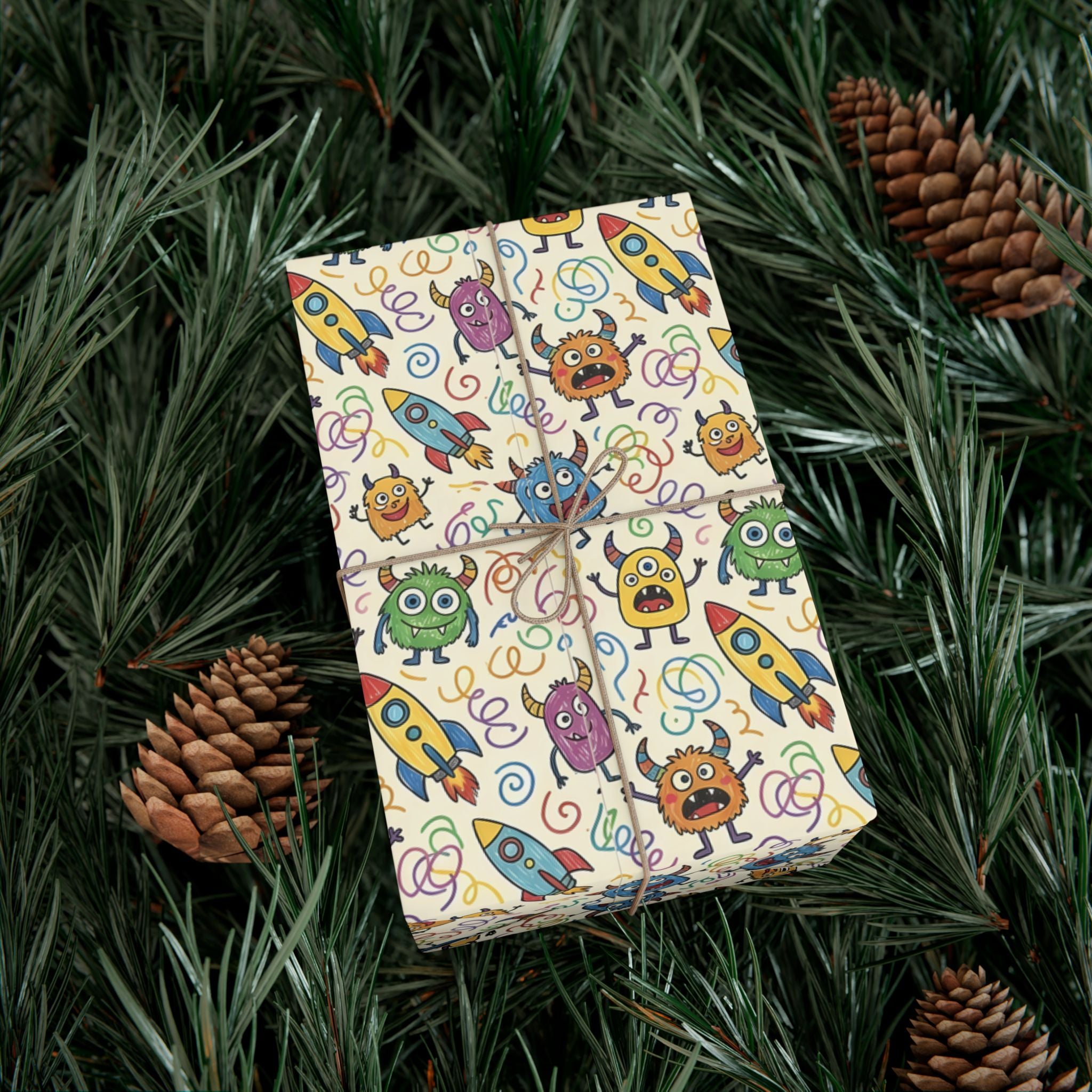 Cute Monster and Rocket Pattern Gift Wrap Paper | Kids Birthday Wrapping Paper