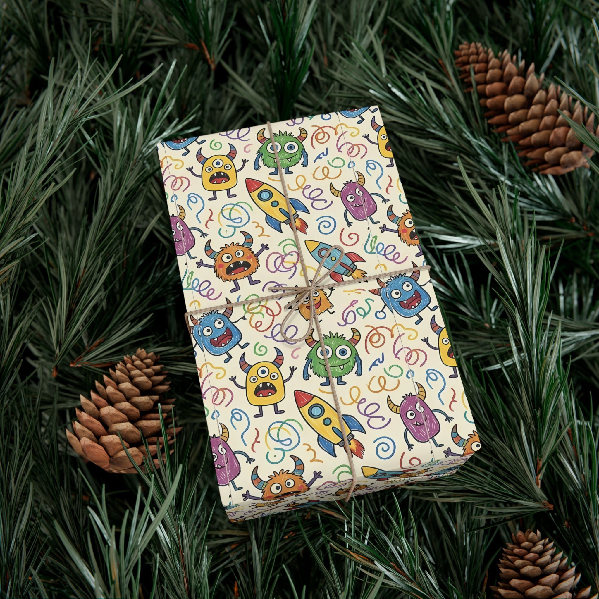 Cute Monster and Rocket Pattern Gift Wrap Paper | Kids Birthday Wrapping Paper