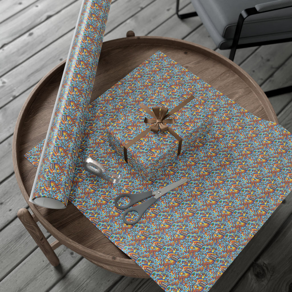 Abstract Vintage Cartoon Space Pattern Gift Wrap Papers | Blue Orange Floral Wrapping Paper