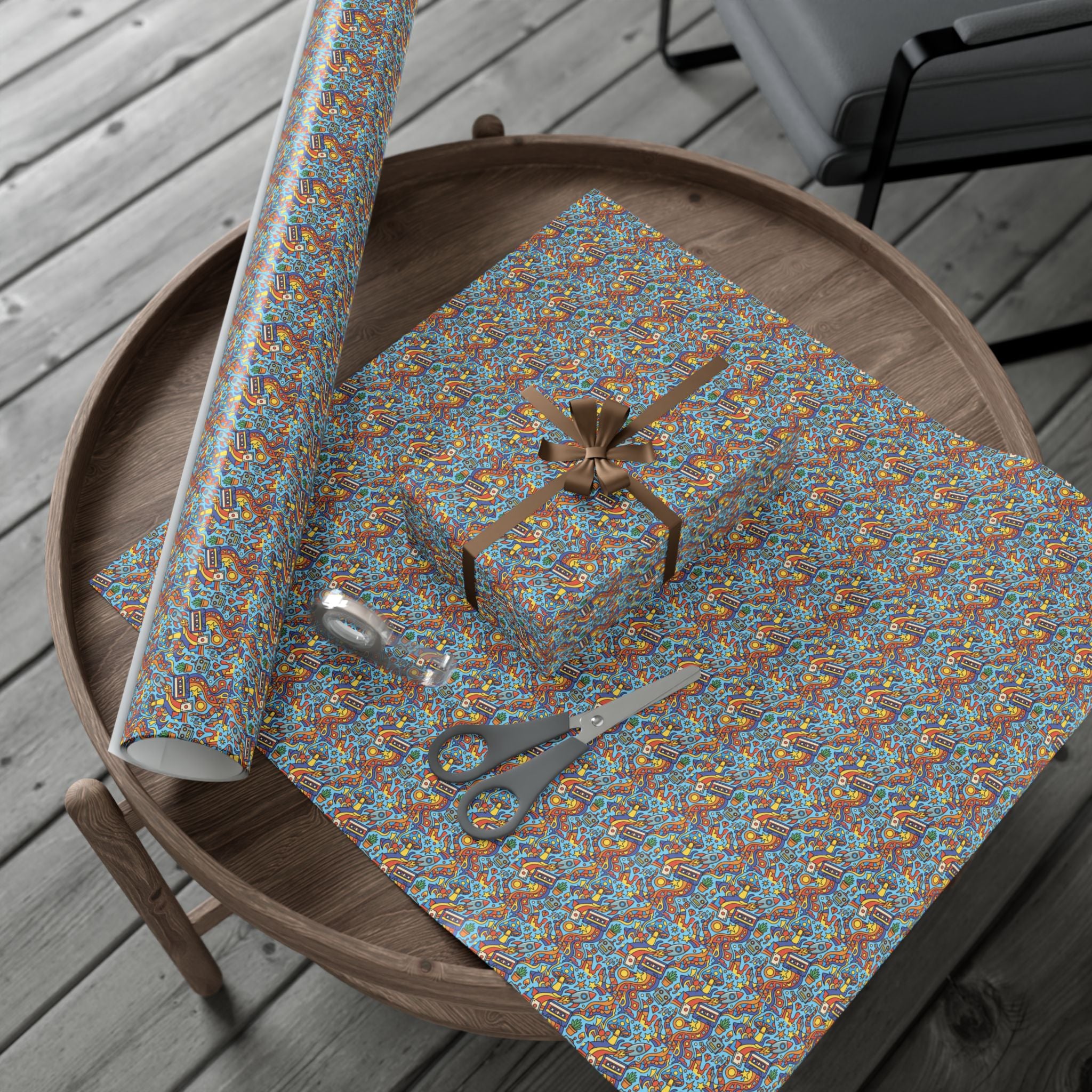 Abstract Vintage Cartoon Space Pattern Gift Wrap Papers | Blue Orange Floral Wrapping Paper