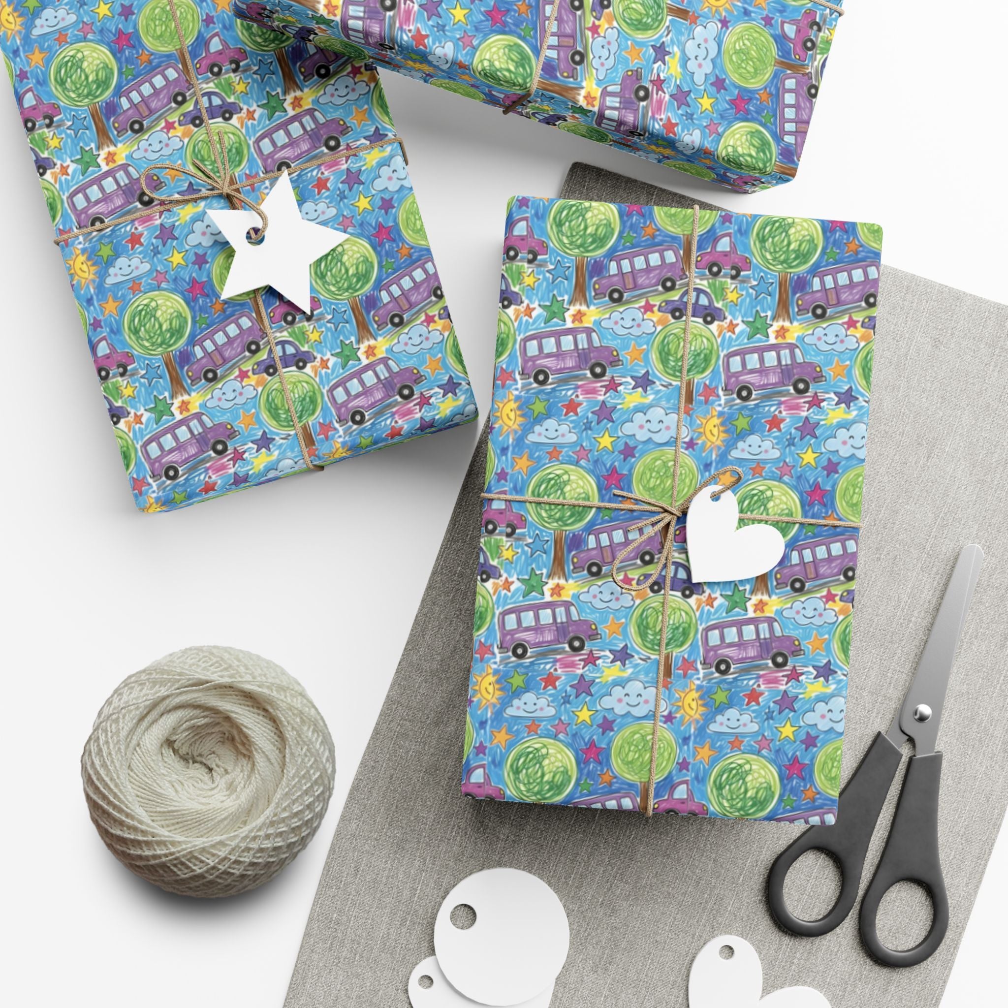 Whimsical Bus and Trees Pattern Gift Wrap Papers | Repeating Kids Wrapping Paper