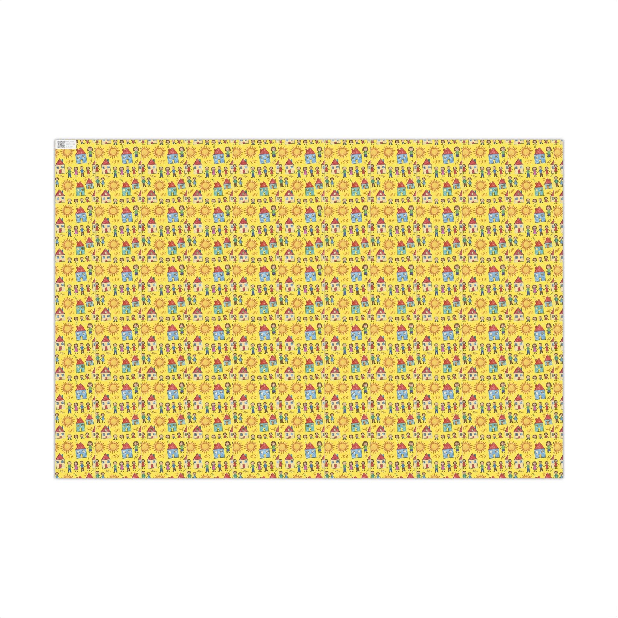 Sunflower Kids Art pattern Gift Wrap | Yellow House and People Wrapping Paper