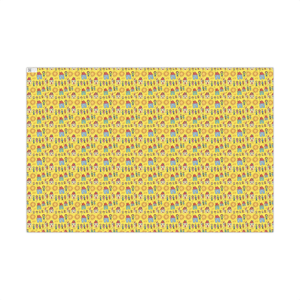 Sunflower Kids Art pattern Gift Wrap | Yellow House and People Wrapping Paper