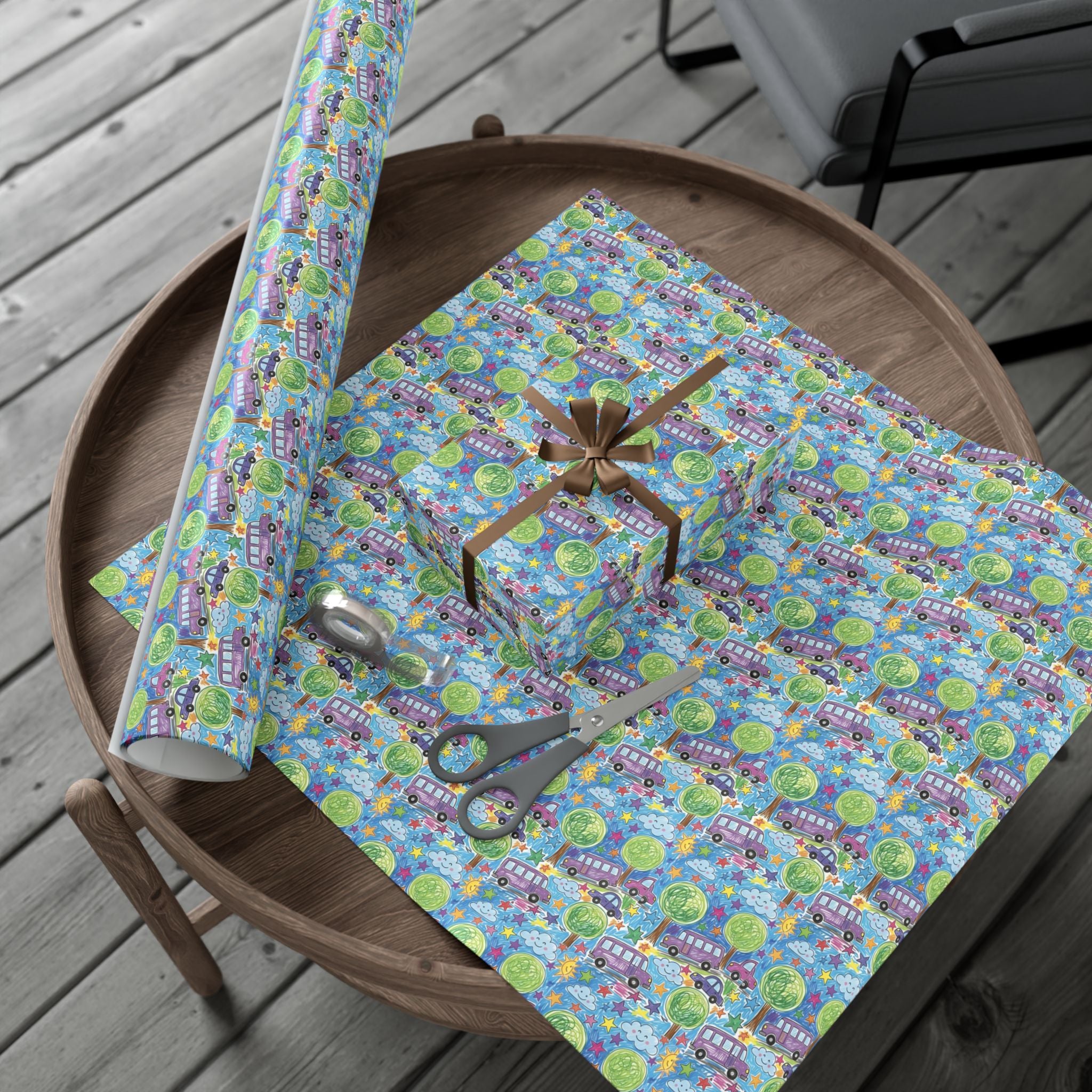 Whimsical Bus and Trees Pattern Gift Wrap Papers | Repeating Kids Wrapping Paper