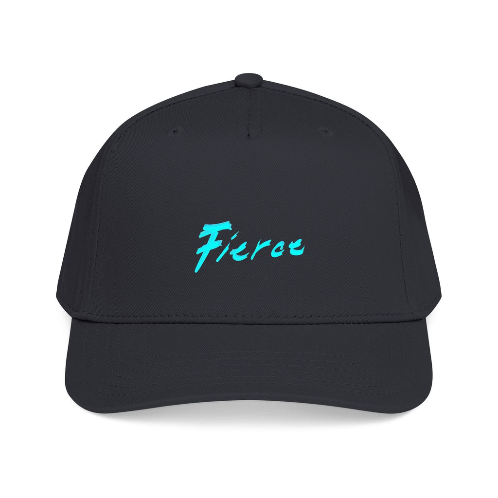 TUCURUCU black 5-panel baseball cap with a bright blue Fierce script logo on the front and a structured mid-profile fit.