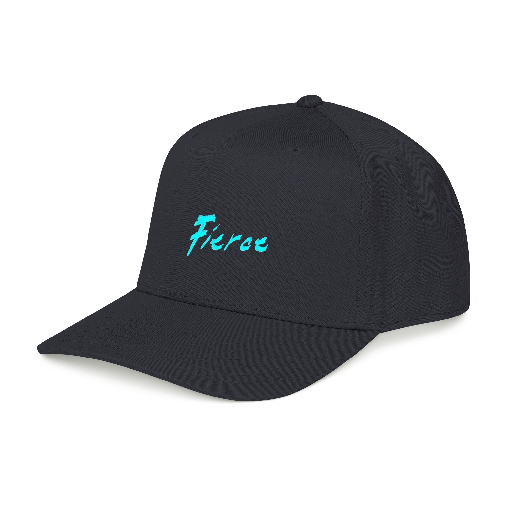TUCURUCU black 5-panel baseball cap with a bright blue script logo on the front and a structured mid-profile fit.