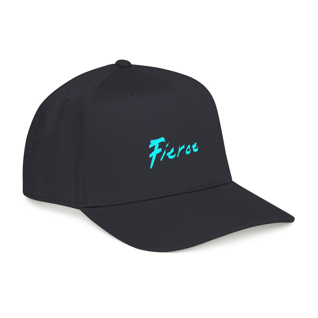TUCURUCU black 5-panel baseball cap with a bright blue script logo on the front and a structured mid-profile fit.