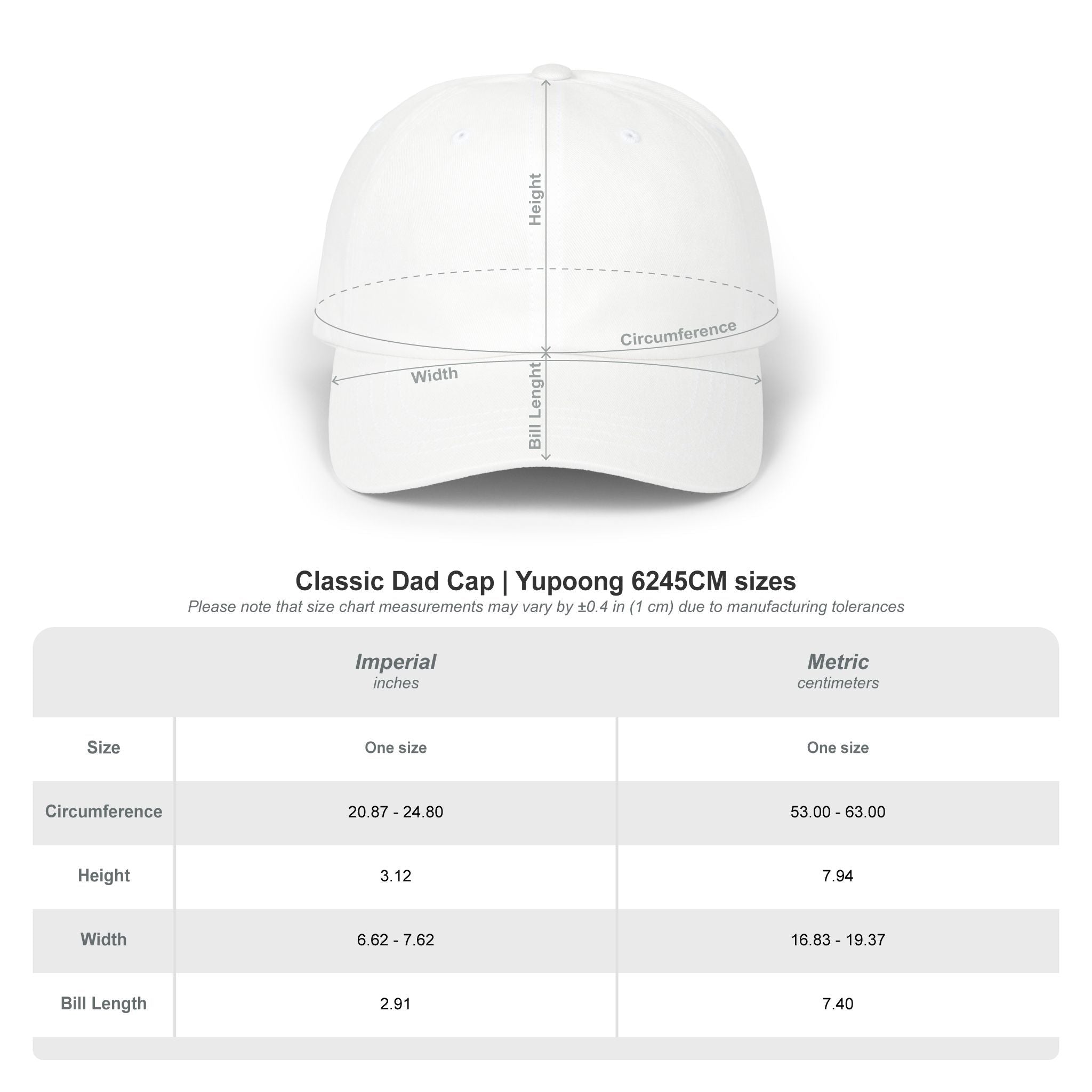 TUCURUCU Daily Walk Cap sizing chart showing dimensions for a white unstructured cotton dad hat