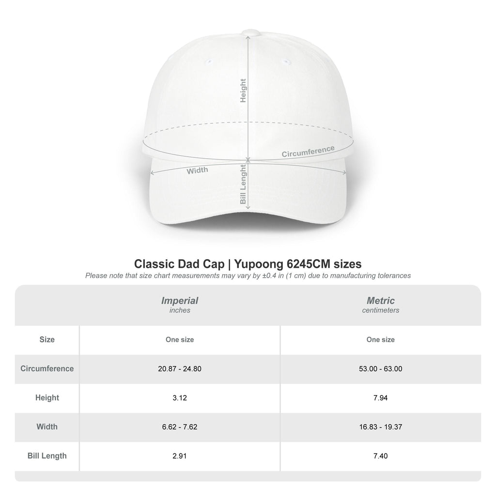 TUCURUCU i see you. cap size chart showing dimensions for a white 6-panel unstructured cotton dad hat.