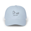 TUCURUCU light blue unstructured cotton baseball cap with a cute embroidered dinosaur walking a dog and daily walk text.