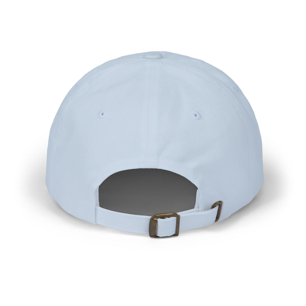 TUCURUCU white unstructured cotton baseball cap, back view showing adjustable strap with antique brass buckle.